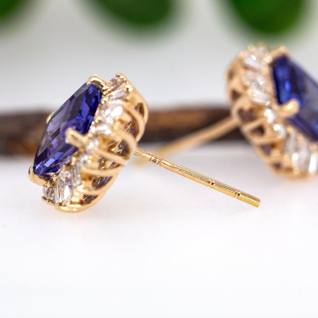 Metal Starburst Tanzanite Earring With Natural Diamonds: Solid 14k Gold, Emerald 8x6mm For Sale - Image 7 of 7