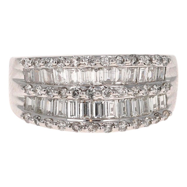 1.60 Carat Baguette and Round Cut Diamond Band 14 Karat White Gold, Size 8 For Sale