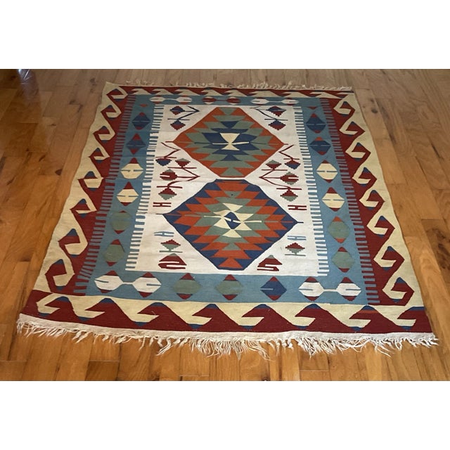 Tribal 1960s Vintage Colorful Handmade Turkish Kilim Tribal Rug 64” X 43” For Sale - Image 3 of 12