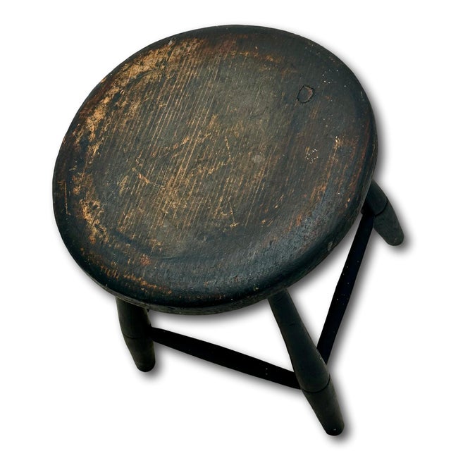 American Very Nice Hand Made Antique American Primitive Pine Wood Footstool With Excellent Original Old Black Paint For Sale - Image 3 of 18