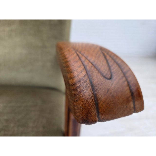 Danish Oak Highback Armchair with Velour Upholstery, 1960s For Sale - Image 15 of 18