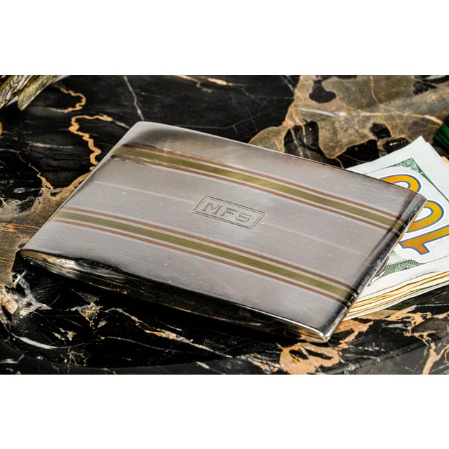 Art Deco Stunning Art Deco Antique 14k Gold Inlay Sterling Silver Cigarette Card Case For Sale - Image 3 of 15
