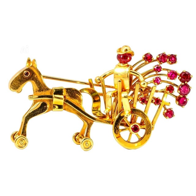 Mid 20th Century 14k Gold Carriage Horse Brooch Antique With Rubies and Movable Wheels For Sale - Image 4 of 4