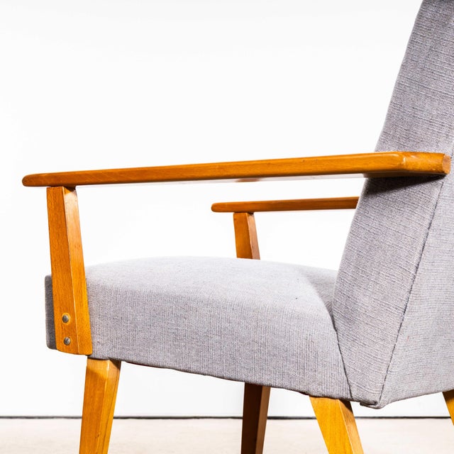 Gray Mid-Century Grey Brushed Cotton Upholstered Armchair with Straight Arms and Top Caps, 1950s For Sale - Image 8 of 10