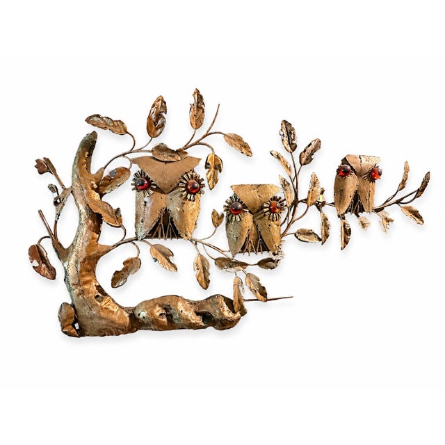 Curtis Jere Vintage Brutalist Owl Family Mixed Metal Wall Sculpture Amber Glass Eyes Mid-Century Modern For Sale - Image 4 of 5