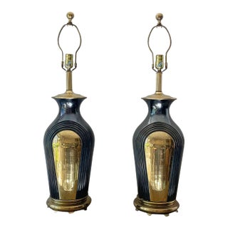 Vintage 1980s Postmodern Black & Brass Lamps (Pair) For Sale