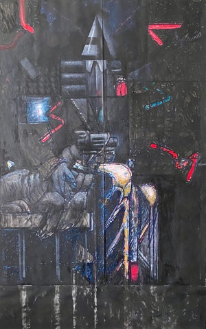Nick de Angelis, Mixed Media Collage Oil Painting Futuristic Abstract Expressionist Machine Art, 2000