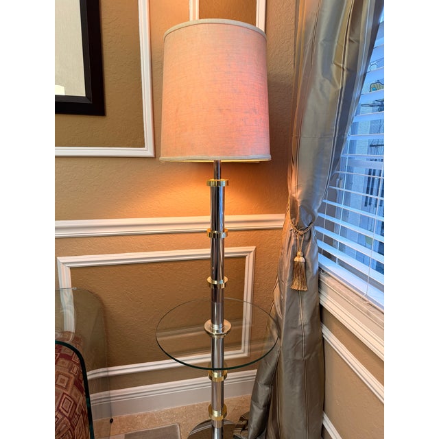 Vintage MCM Chrome and Brass-toned Floor Lamp w/ Glass Table. Hollywood Regency Faux Bamboo, tentatively attributed to...