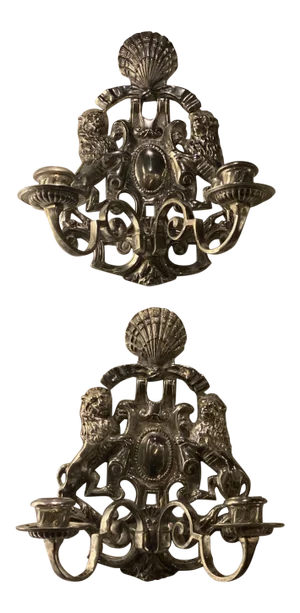 1930's Silver Plated Lions Shield Sconces - Pair