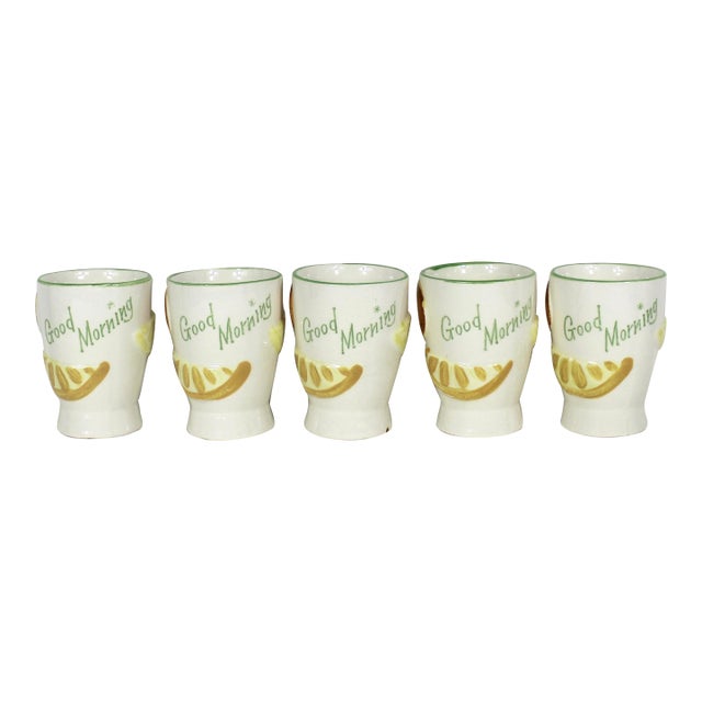 1950’s “Good Morning” Ceramic Orange Juice Cups Set of Five For Sale