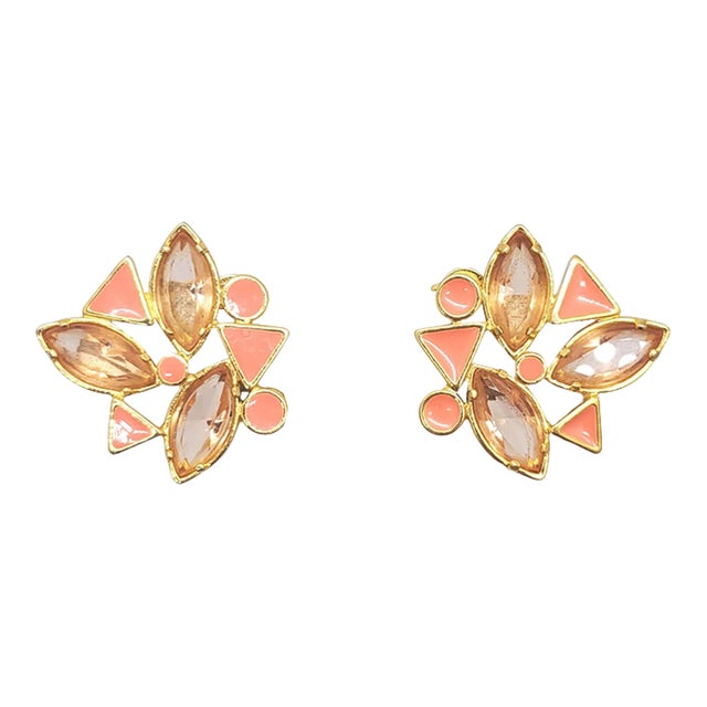 Vintage 1980s Signed Yves Saint Laurent Coral Enamel & Pink Rhinestones Clip Earrings - 2 Pieces For Sale