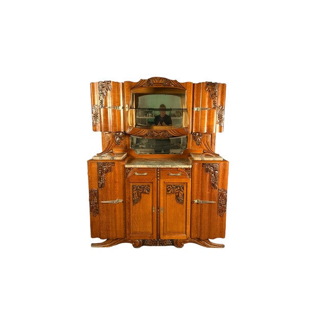 Art Nouveau Buffet in Oak with Marble, Cut Glass and Floral Carvings, 1910 For Sale - Image 9 of 9