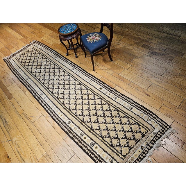 Vintage Persian Qazvin Tribal Kilim Runner, Handwoven Wool, Allover Paisley Pattern, Tan & Brown, 3x11 For Sale - Image 4 of 18