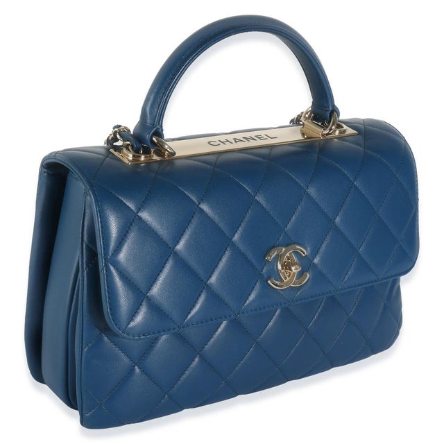 Contemporary Navy Quilted Lambskin Medium Trendy Top Handle Bag For Sale - Image 3 of 8
