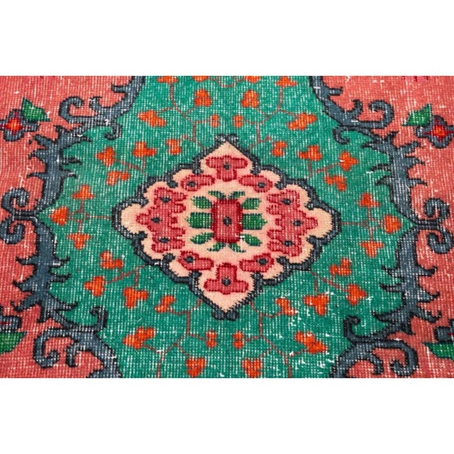 English Mid-Century Vintage Turkish Oushak Rug in Coral and Green, 3’7” X 6’9 For Sale - Image 3 of 3