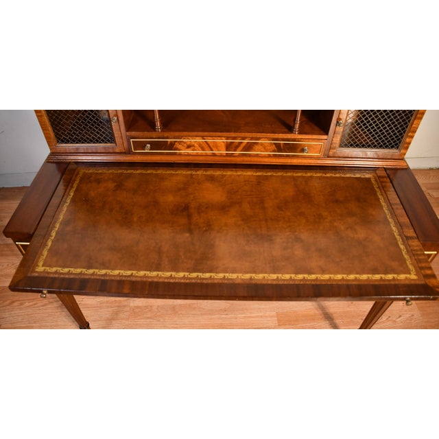 1930s Wieman Hepplewhite Style Leather Top Mahogany Inlaid Writing Desk With Bookcase For Sale - Image 17 of 18