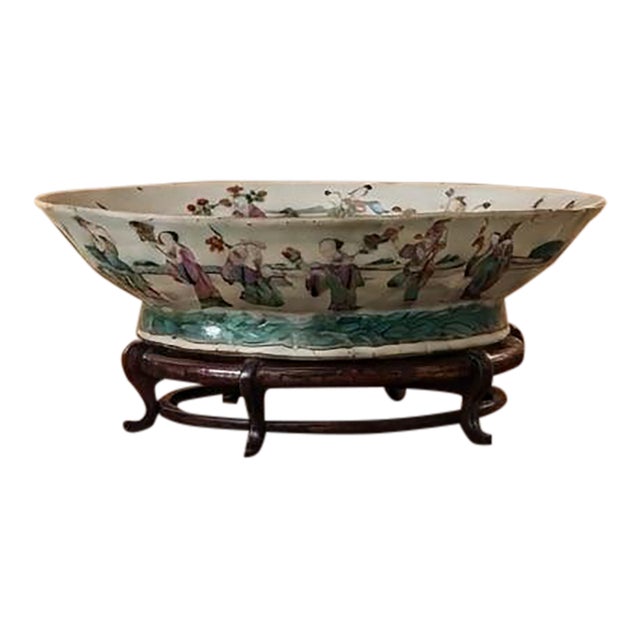 Antique Chinese Scholar's Famille Rose Porcelain Brush Washer, 19th C Qing Dynasty For Sale