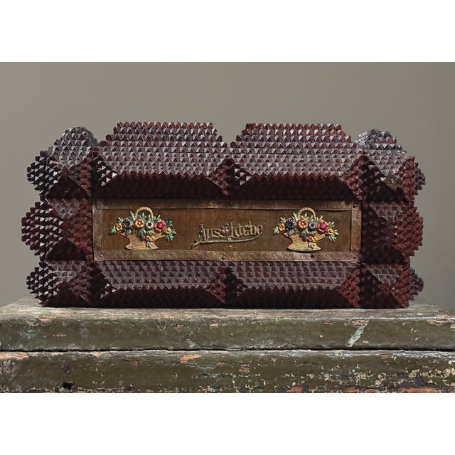 Rustic Antique Hand Carved Tramp Art Box With “Aus Liebe” Inscription Folk Art For Sale - Image 3 of 11