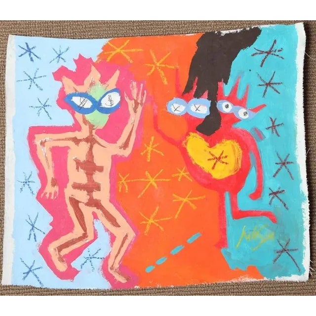 The use of negative space in this painting is whimsical and filled with color. The artist divides the canvas into three by...