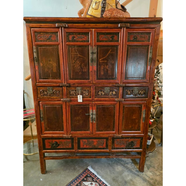 Large Red Asian Storage Cabinet With Red Finish For Sale - Image 9 of 10