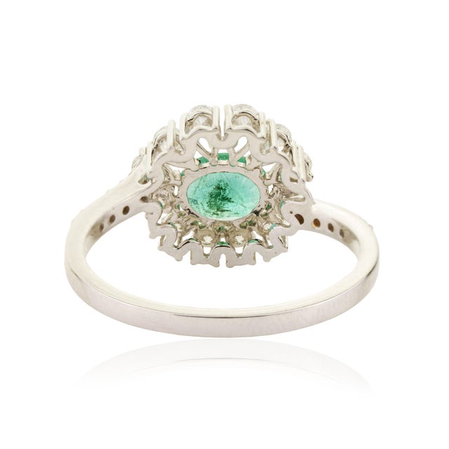 Vintage-Inspired Natural Emerald Diamond Sunburst Halo Ring in 18k Gold Size 4 For Sale - Image 10 of 16