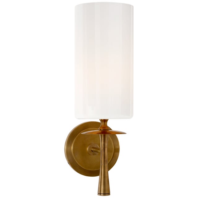 Drunmore Single Sconce in Hand-Rubbed Antique Brass with White Glass Shade Designer: AERIN Height: 14.25" Extension: 6.75"...