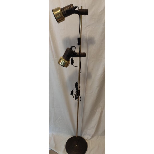 Gold Mid-Century Double Spotlight Floor Lamp in Brass and Wood, 1970s For Sale - Image 8 of 8