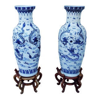 20th Century Pair of Chinese Blue and White Porcelain Palace Vases With Wood Stands For Sale