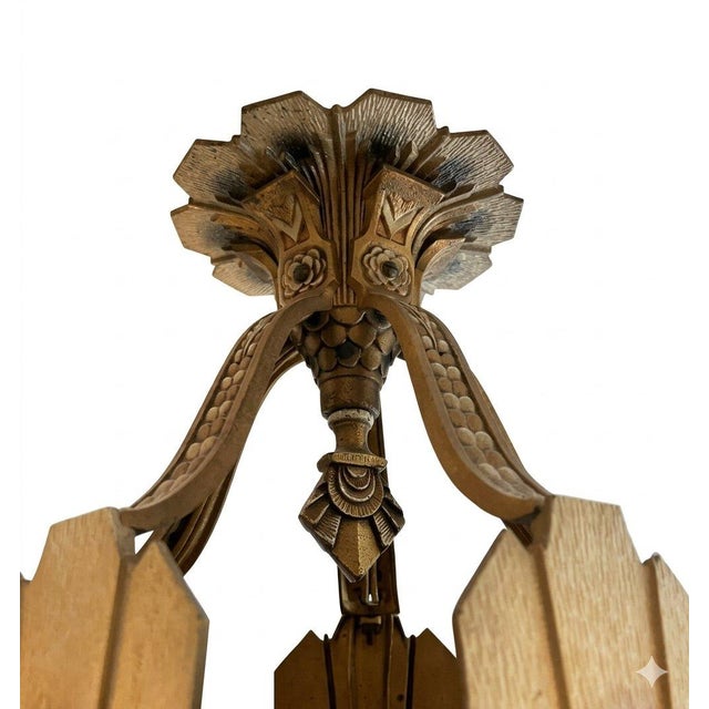 Pristine Antique 1930s Art Deco Williamson Beardslee 5-Light Slip Shade Flush Mount For Sale - Image 4 of 14