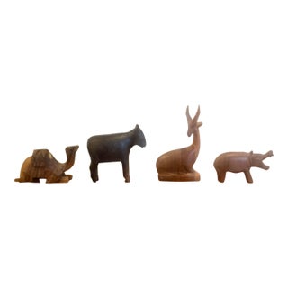 Collection of Hand-Carved Wooden Animal Figurines | Folk Art Safari & Wildlife Sculptures — Set of 4 For Sale
