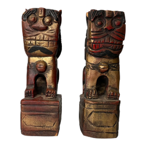 Mid 20th Century Primitive Carved Wood Foo Dogs - A Pair