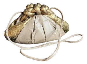 Vintage Gold Faux Snakeskin and Pleated Leather Crossbody Bag With Knotted Top