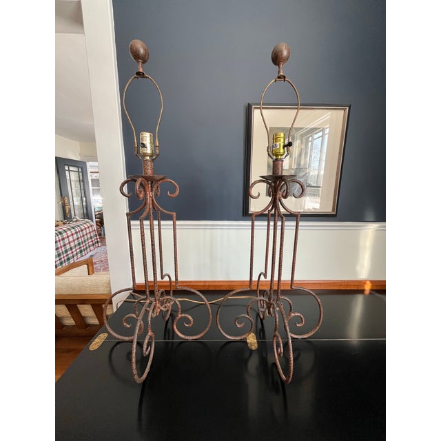 Mid Century Spanish Revival Wrought Iron Table Lamps With Hand Forged Scrollwork For Sale - Image 4 of 8