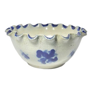 1940s Stoneware Salt Glazed Cobalt Blue Ruffled Floral Serving Bowl For Sale