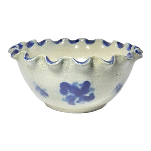 1940s Stoneware Salt Glazed Cobalt Blue Ruffled Floral Serving Bowl