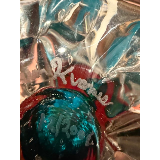 Teal Signed Studio Art Glass Vase Teal and Flame Spatter Pulled Foot 2001 For Sale - Image 8 of 8
