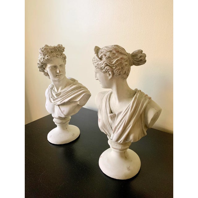 A gorgeous pair of cast plaster Neoclassical Grand Tour style male and female head busts of Diana and Apollo Belvedere god...