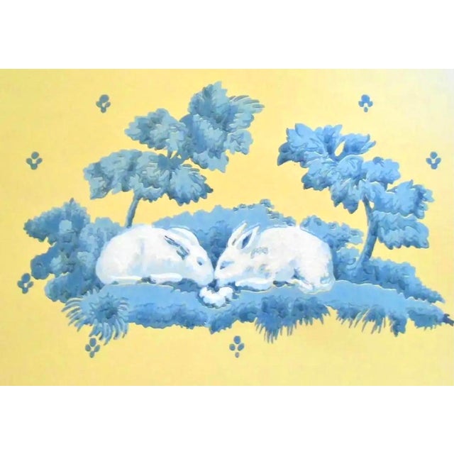 Brunschwig & Fils hand-printed Cherubin et Lapins, wallpaper, angels and rabbits, 2000. Lovely yellow background with blue...