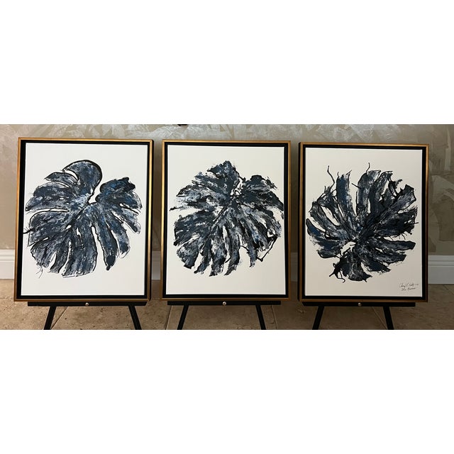 Blue Monstera Trio Canvas Art, Designed by Cheryl P. Kohloff, Framed- Set of 3 For Sale - Image 4 of 8