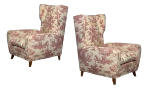 Italian Modern, Ashwood, Fabric, Large Wingback Chairs, Italy, 1950s