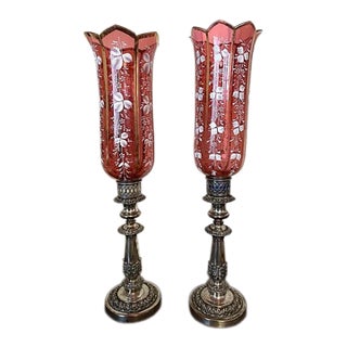 Pair of Antique Silver Plate Candle Holders With Red Glass Mary Gregory Hurricanes For Sale