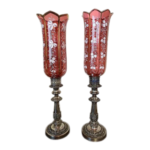 Pair of Antique Silver Plate Candle Holders With Red Glass Mary Gregory Hurricanes