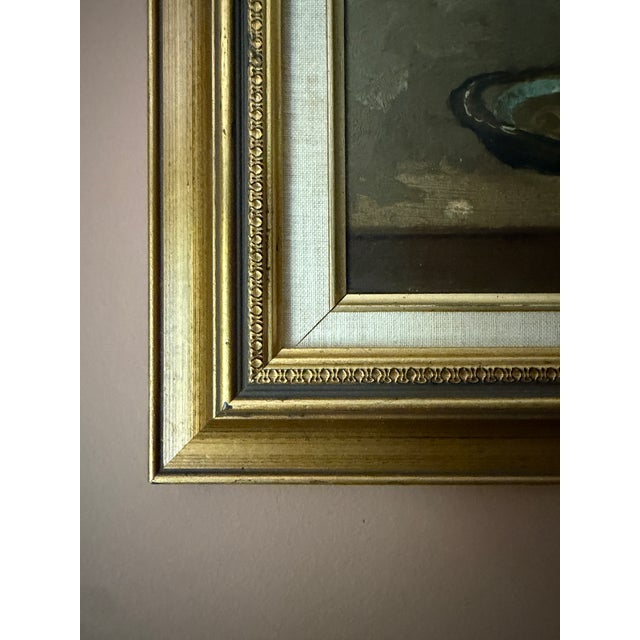 Dove Gray 1918 Rectangular Landscape Signed Rustic Still Life With Fish and Basket Oil Painting For Sale - Image 8 of 8
