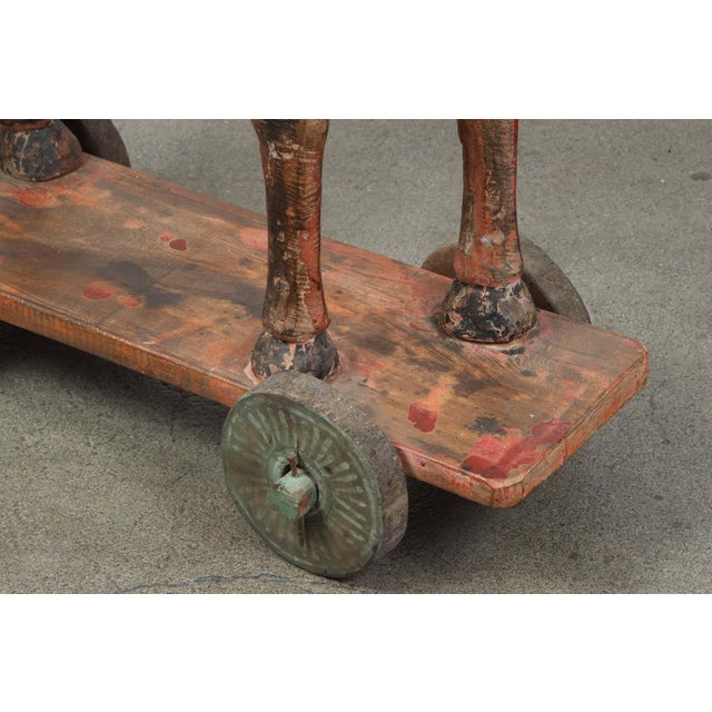 Pair of Monumental Indian Polychrome Carved Wood Horses on Wheels, 19th C. For Sale - Image 14 of 17