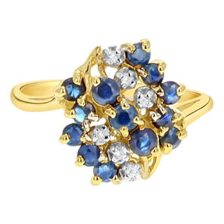 Sapphire Diamond Cluster Ring .81cttw 14k Yellow Gold, Size 6.75 For Sale