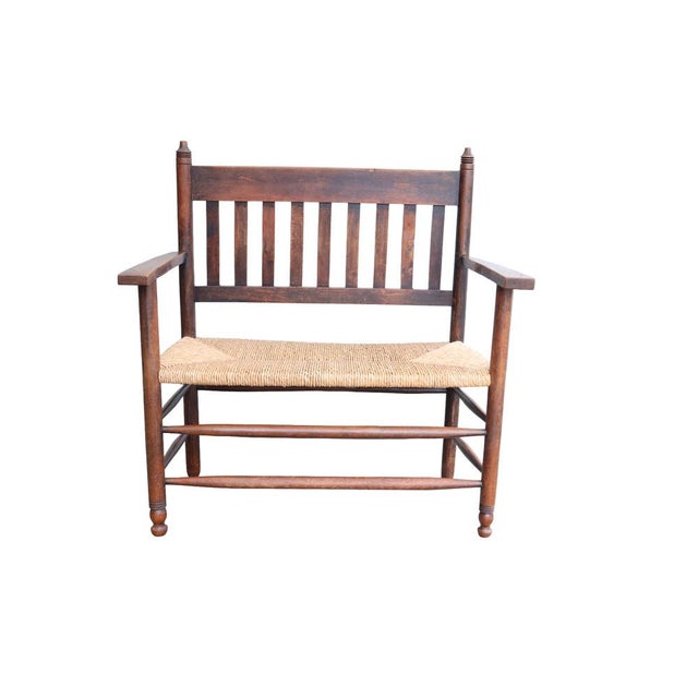 Antique Dutch Arts and Crafts Wooden Bench with Woven Rush Seat, 1900 For Sale - Image 4 of 14