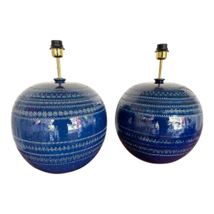 Mid-Century Pair of Ceramic Lamps Blue Rimini by Bitossi. Italy, 1990s