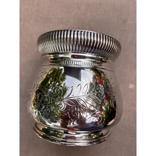 Metal Antique Meriden Britannia Silver Plate Cachepot Engraved Victorian Jardiniere Vase Pattern No. 1952 | Art Nouveau Floral Repoussé | Mirror Finish For Sale - Image 7 of 12