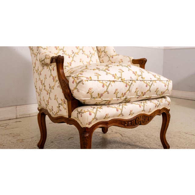 Pair Vintage French Louis XV Style Carved & Upholstered Bergere Chairs For Sale - Image 10 of 18