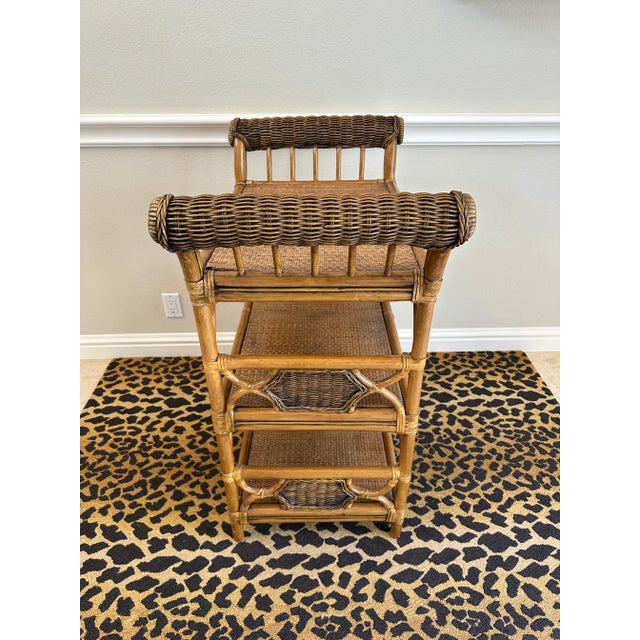 Vintage Rattan, Wicker & Cane Etagere Shelf With Leather Bindings For Sale In Los Angeles - Image 6 of 17
